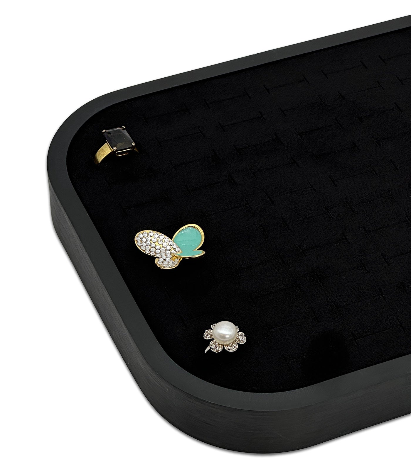 10 5/8" x 7 5/8" Black Brushed Aluminum Black Velvet 76 Ring Display Tray