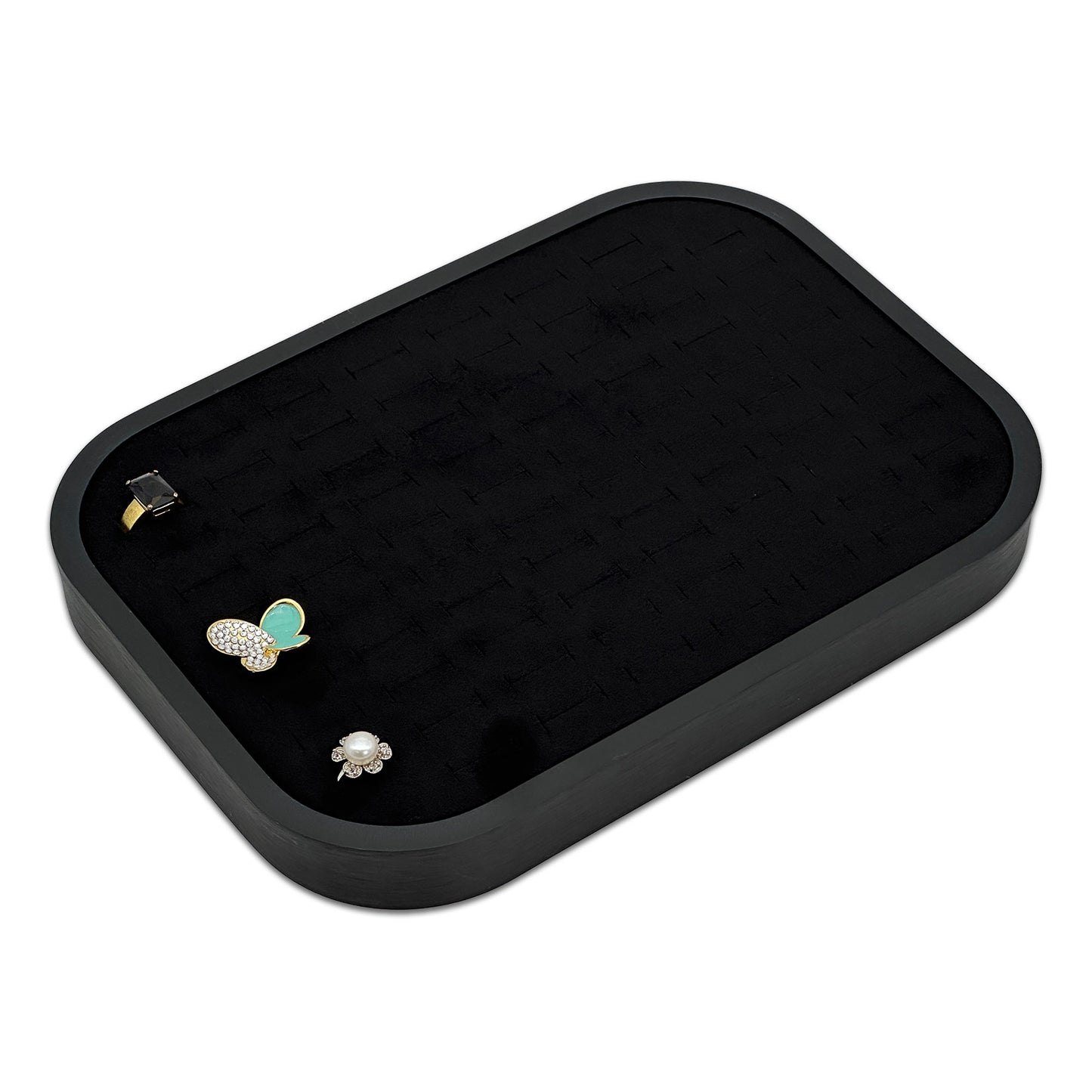 10 5/8" x 7 5/8" Black Brushed Aluminum Black Velvet 76 Ring Display Tray