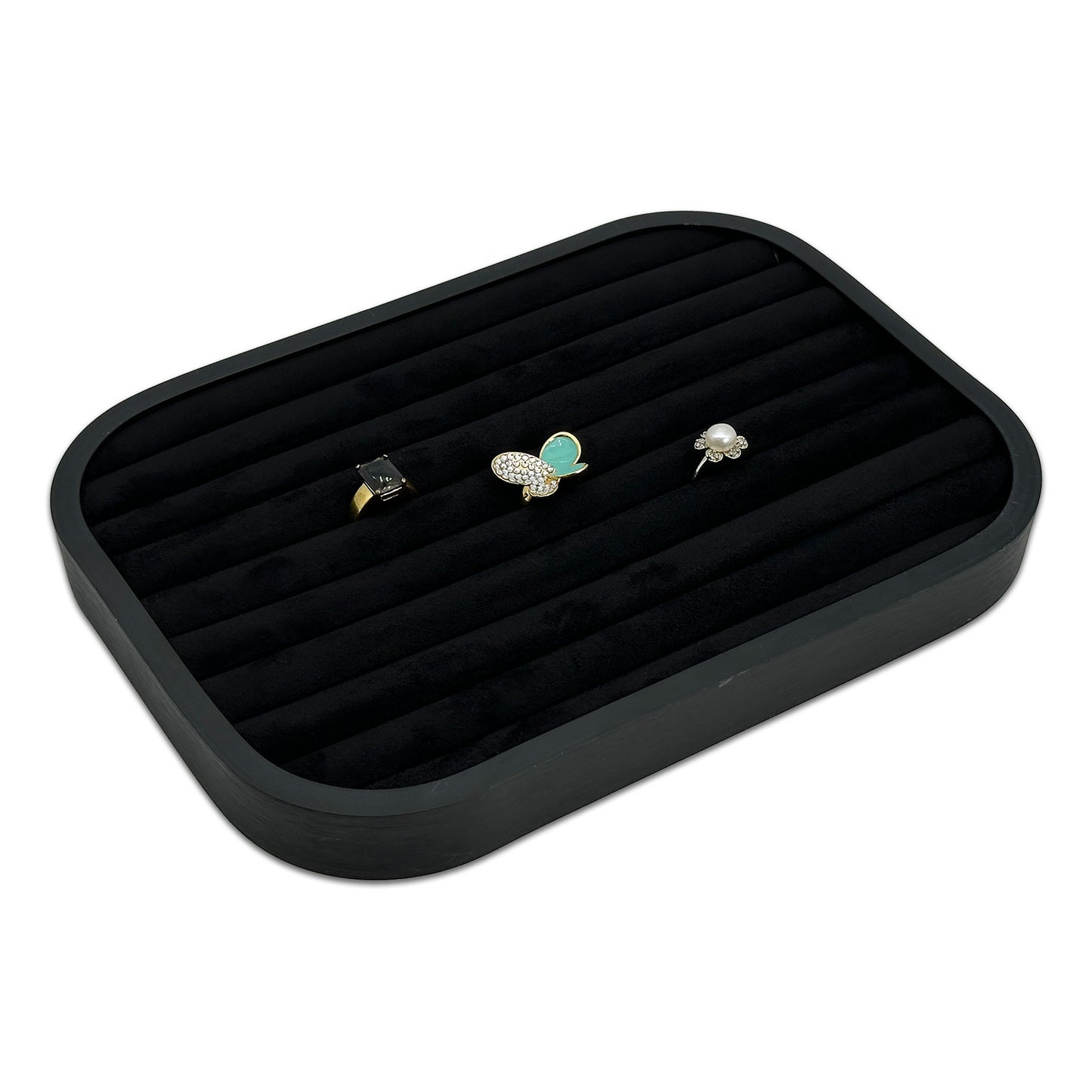 10 5/8" x 7 5/8" Black Brushed Aluminum Black Velvet 9 Row Ring Display Tray