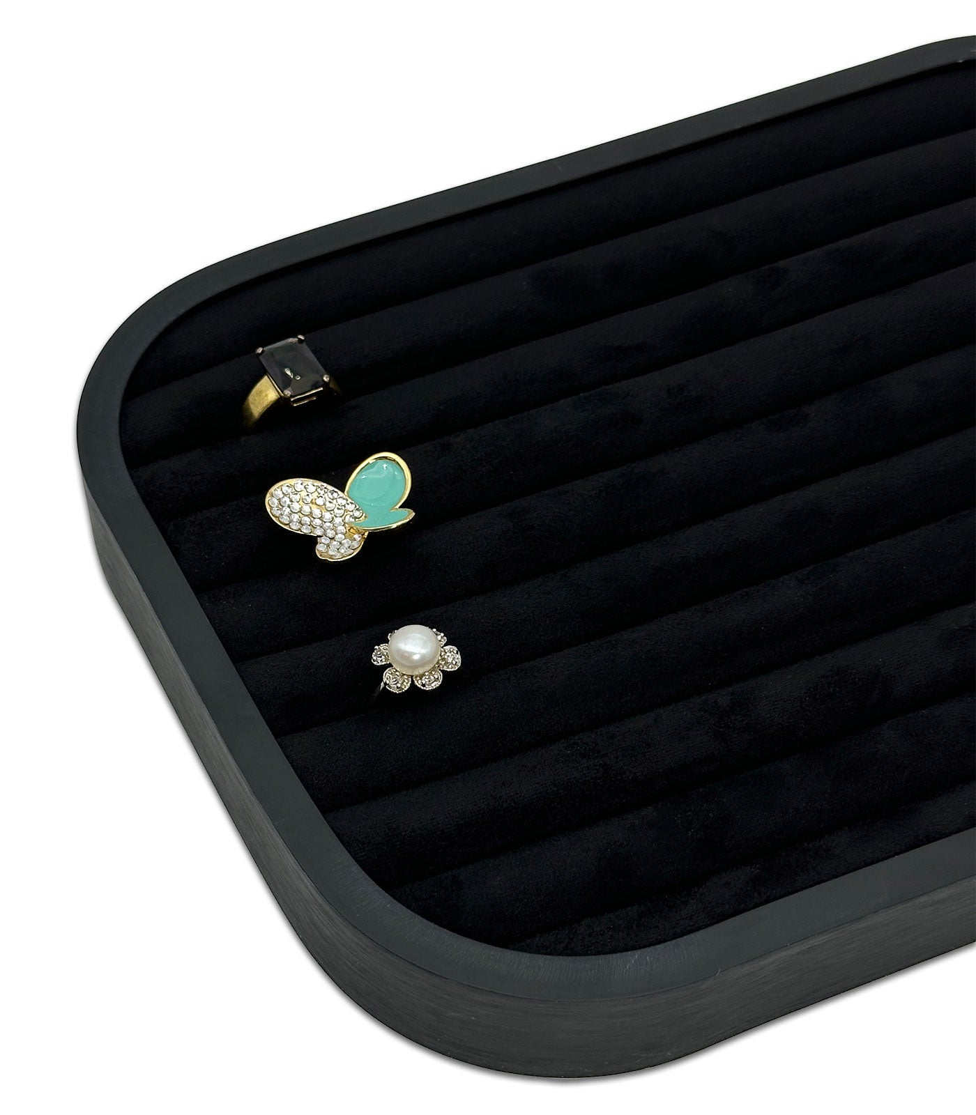 10 5/8" x 7 5/8" Black Brushed Aluminum Black Velvet 9 Row Ring Display Tray