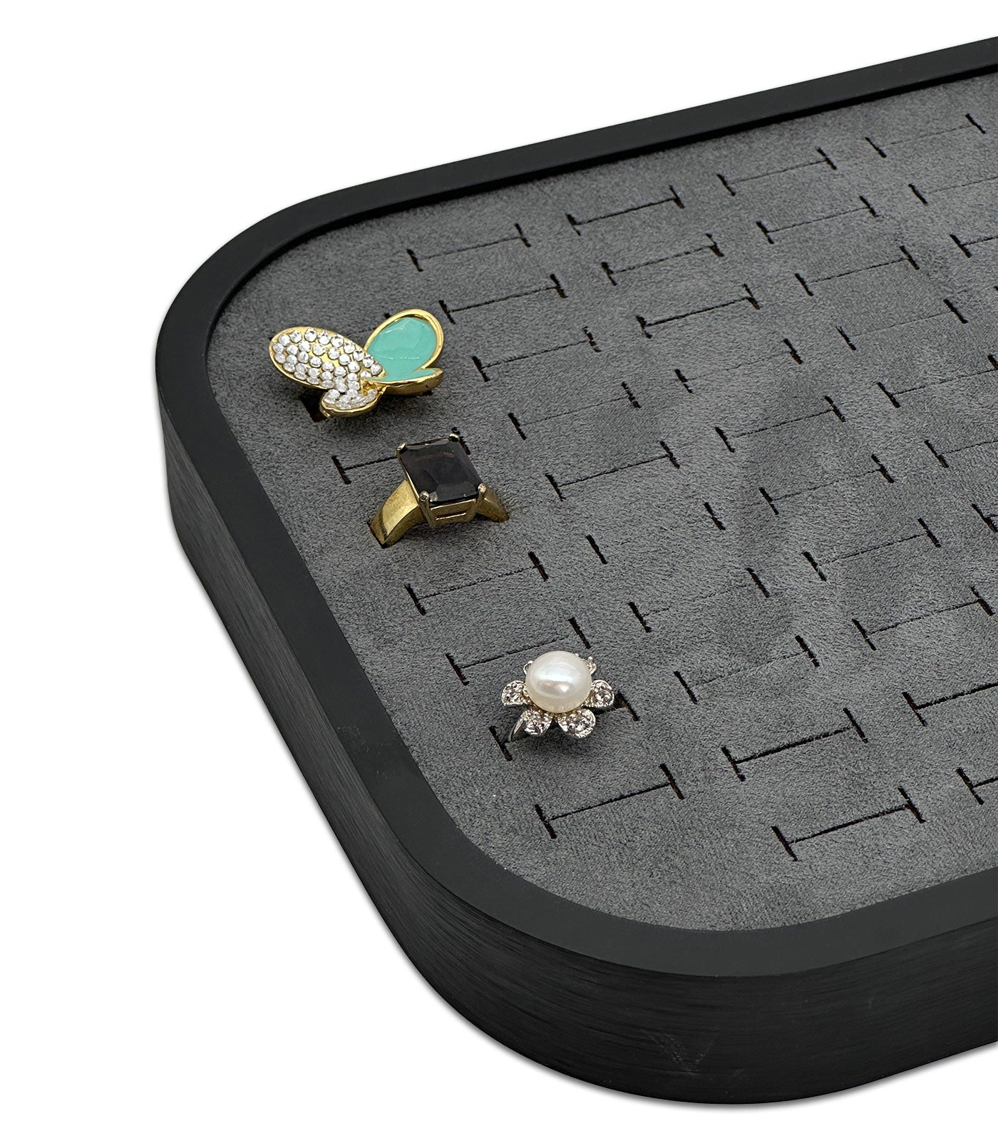 10 5/8" x 7 5/8" Black Brushed Aluminum Gray Velvet 76 Ring Display Tray