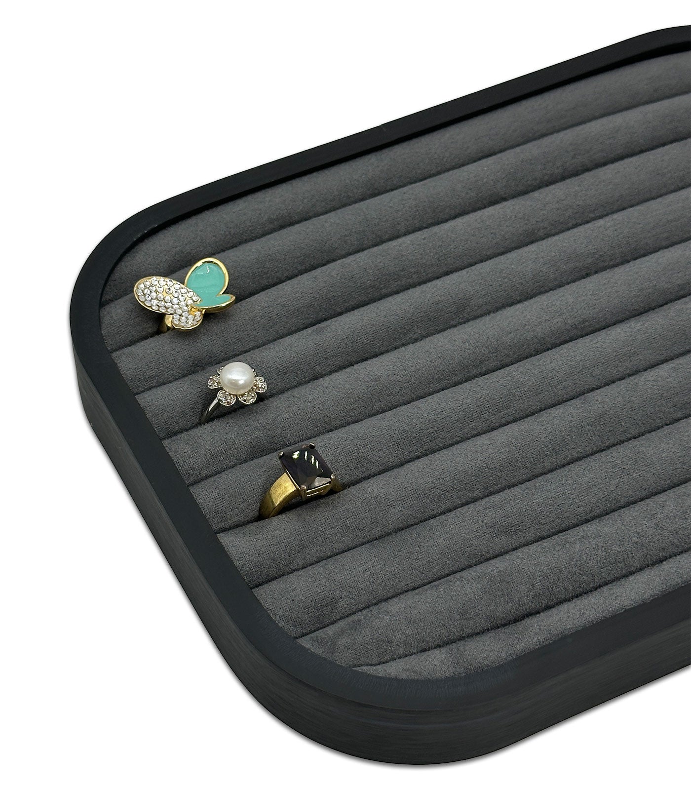 10 5/8" x 7 5/8" Black Brushed Aluminum Gray Velvet 9 Row Ring Display Tray