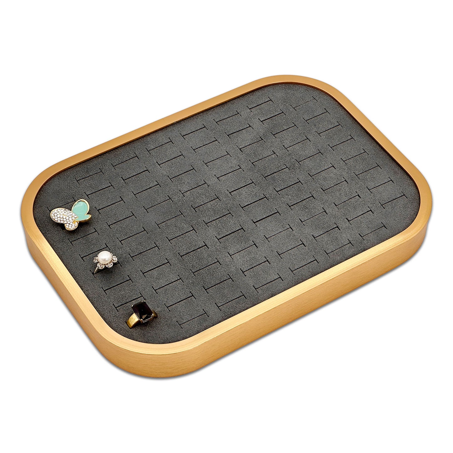 10 5/8" x 7 5/8" Gold Brushed Aluminum Gray Velvet 76 Ring Display Tray