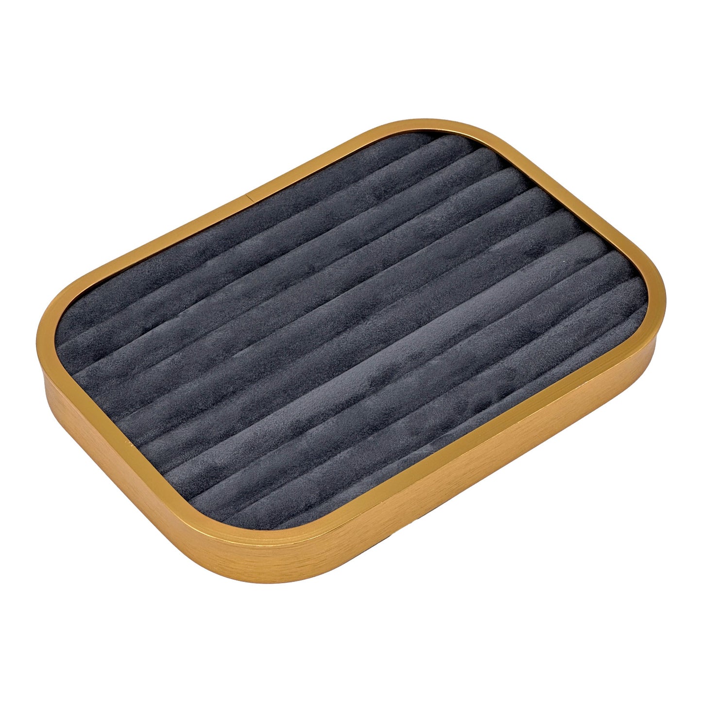 10 5/8" x 7 5/8" Gold Brushed Aluminum Gray Velvet 9 Row Ring Display Tray