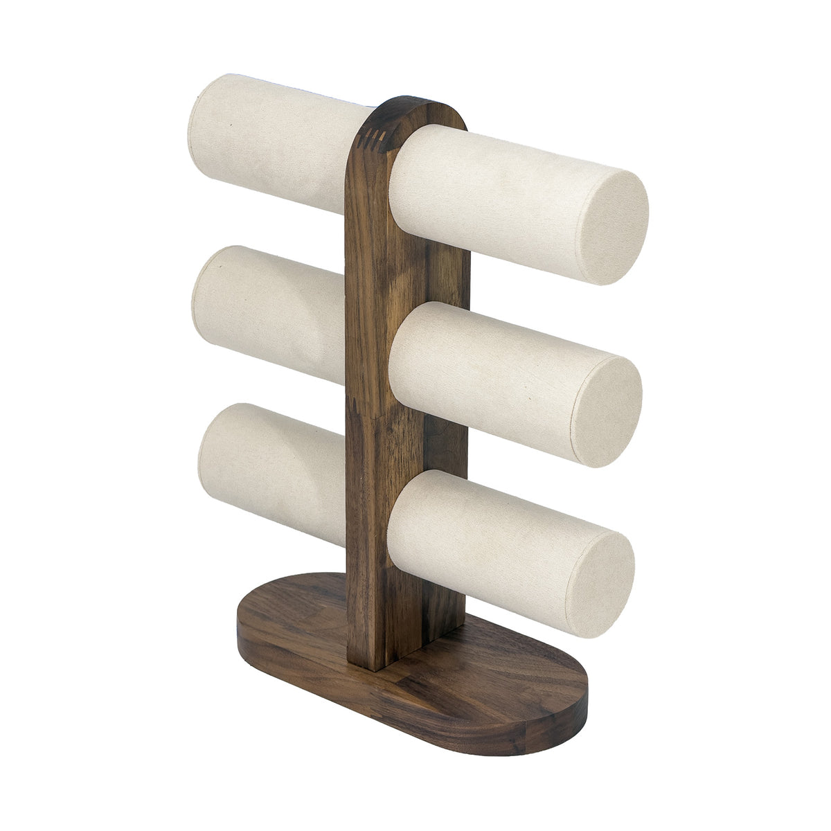 11 1/2" x 9 1/4" Beige Velvet Walnut 3-Tier Round Bar Bracelet Display