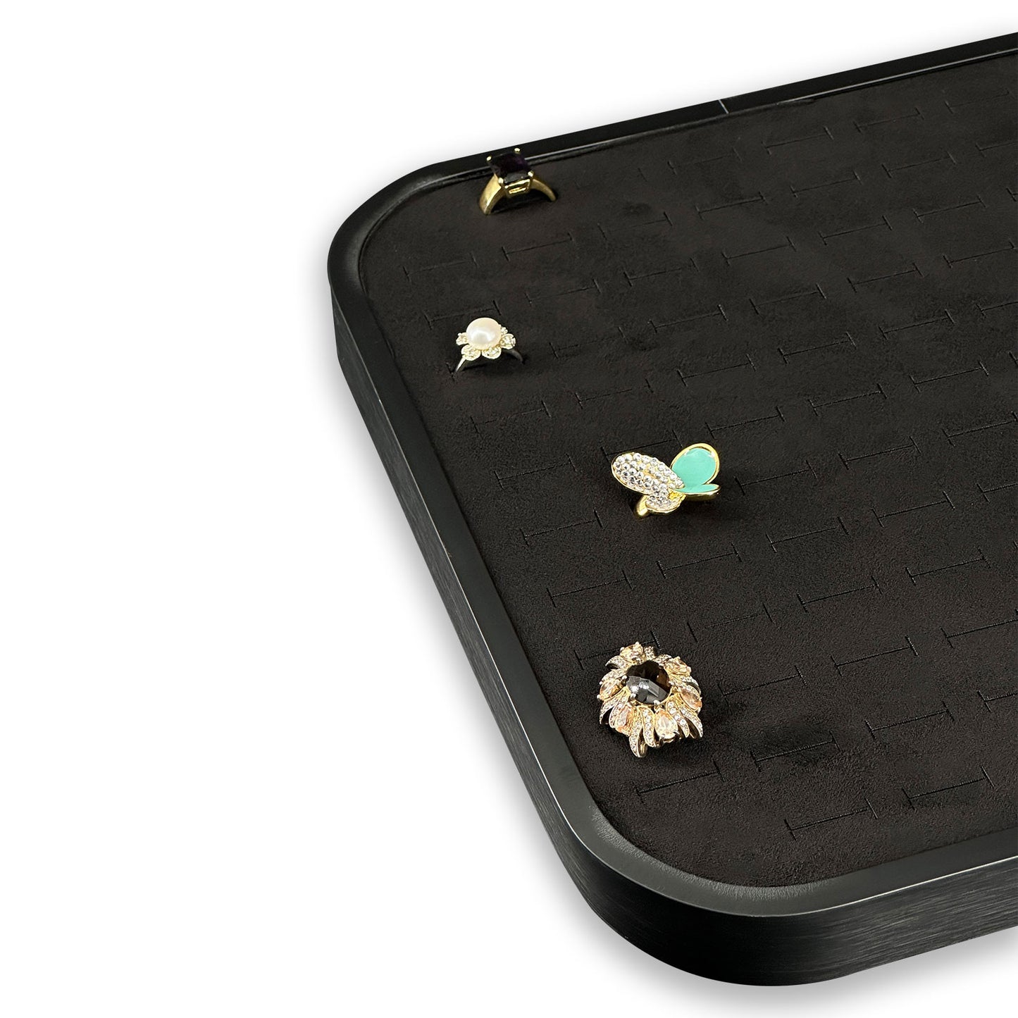 11 5/8" x 11 5/8" Black Brushed Aluminum Black Velvet 104 Ring Display Tray