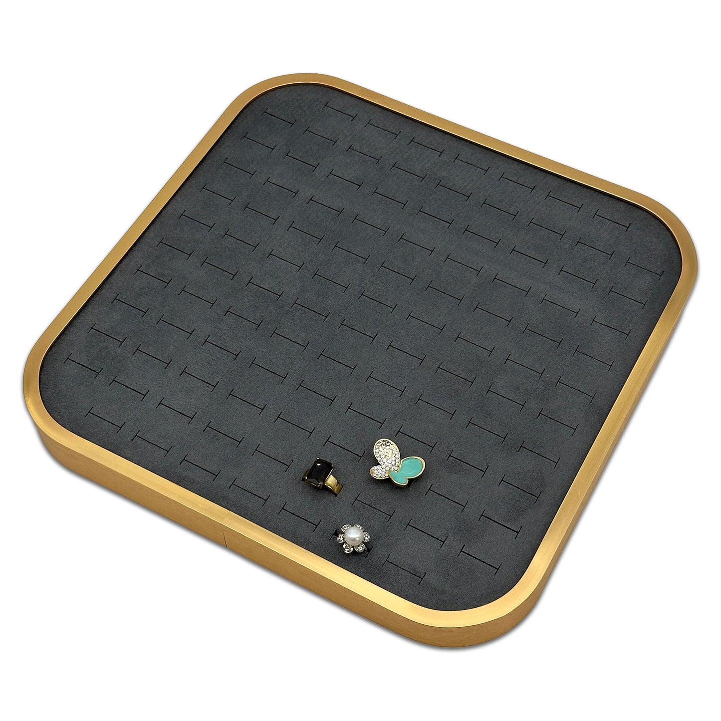 11 5/8" x 11 5/8" Gold Brushed Aluminum Gray Velvet 104 Ring Display Tray