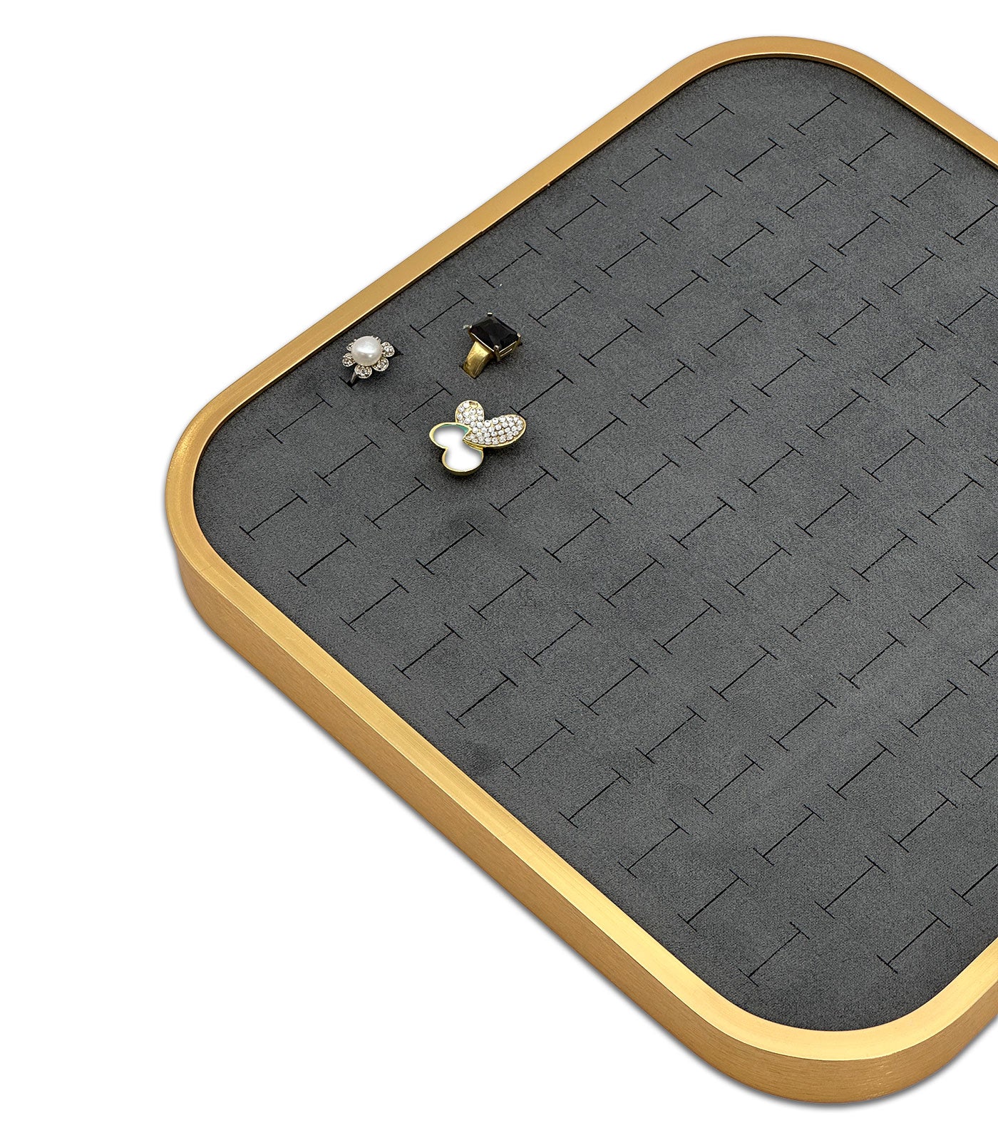 11 5/8" x 11 5/8" Gold Brushed Aluminum Gray Velvet 104 Ring Display Tray