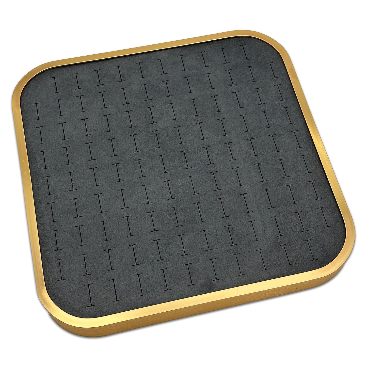 11 5/8" x 11 5/8" Gold Brushed Aluminum Gray Velvet 104 Ring Display Tray