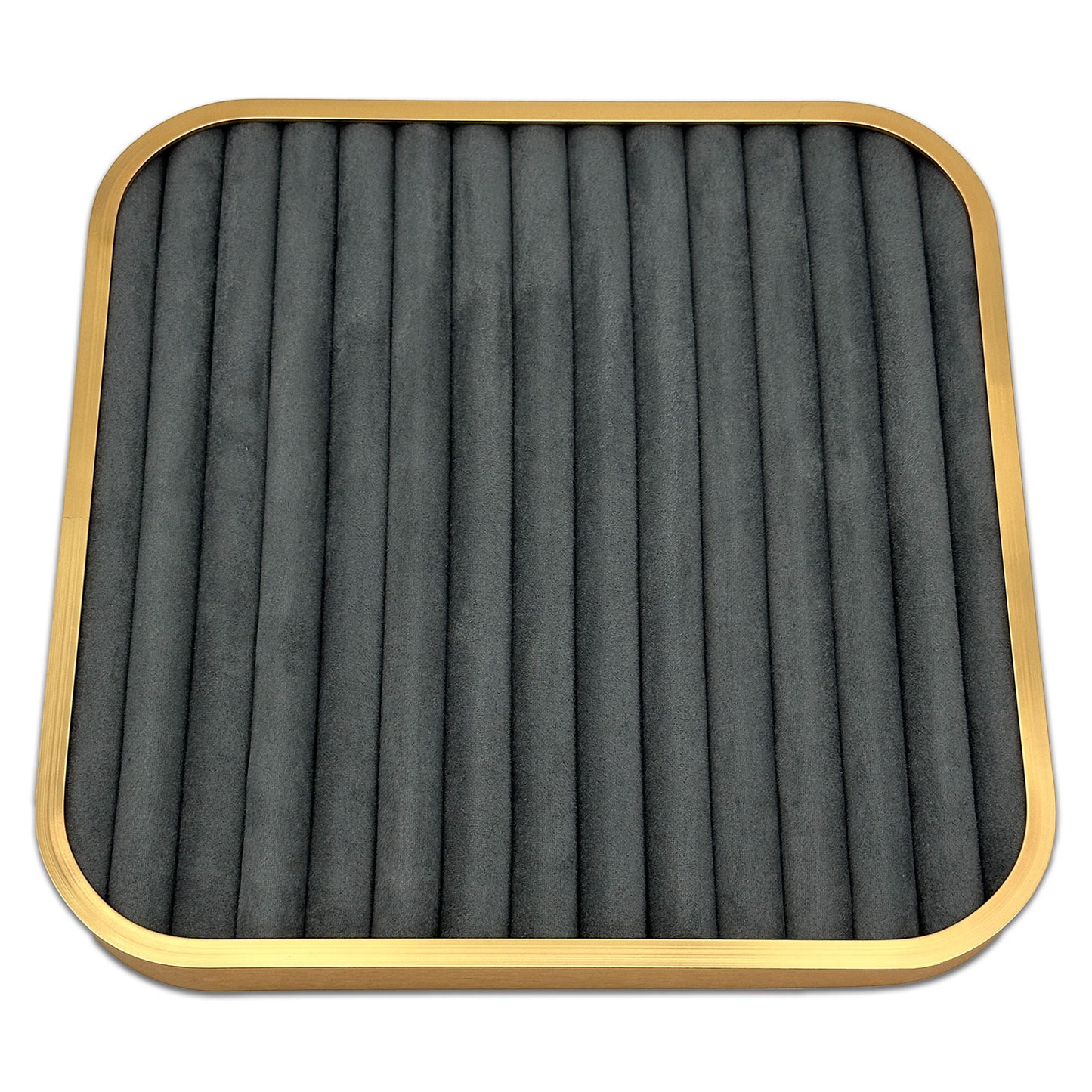 11 5/8" x 11 5/8" Gold Brushed Aluminum Gray Velvet 14 Row Ring Display Tray