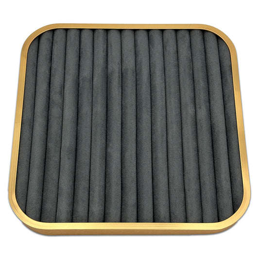 11 5/8" x 11 5/8" Gold Brushed Aluminum Gray Velvet 14 Row Ring Display Tray