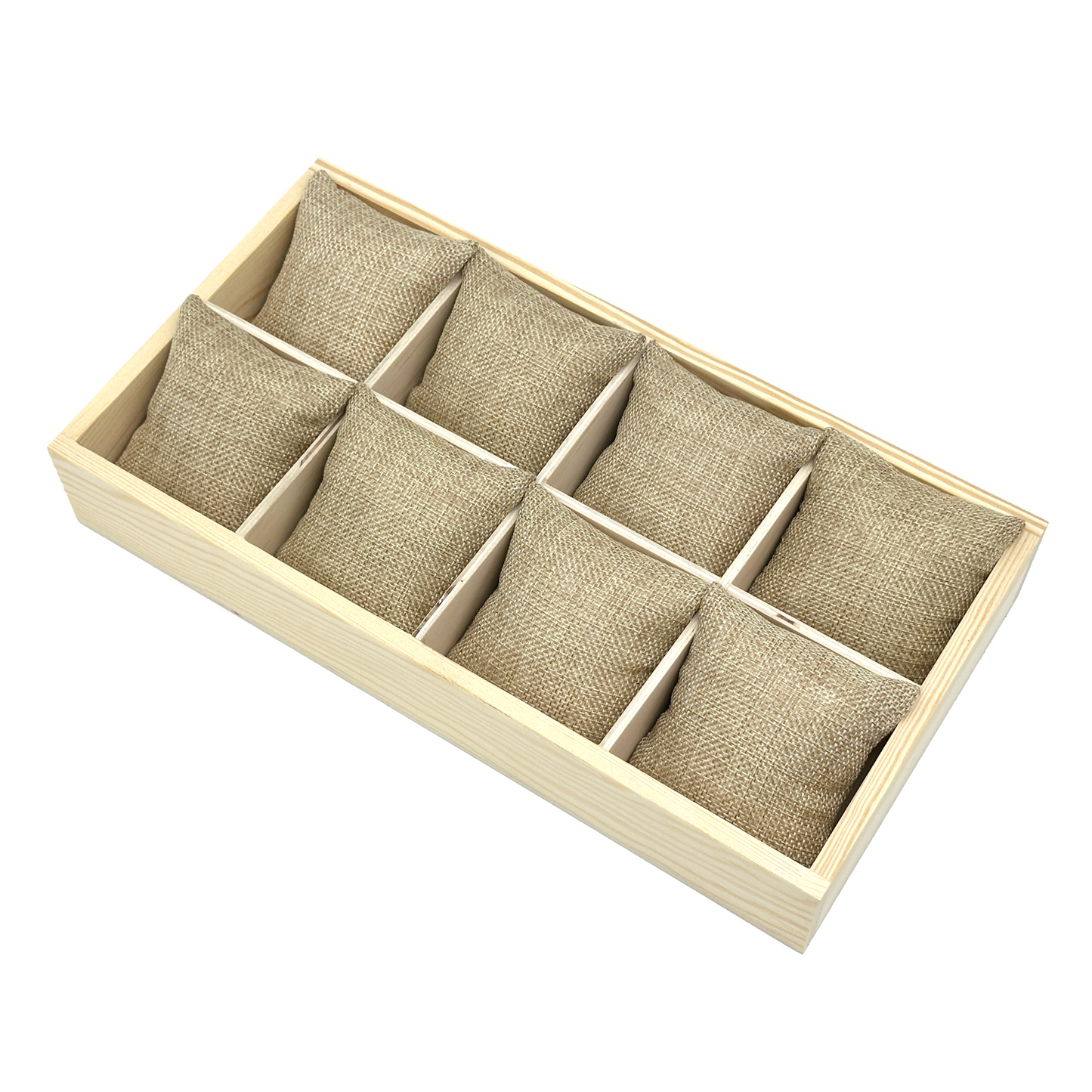 12" x 6" Natural Pine 8 Compartment Jewelry Display Tray with Burlap Pillows