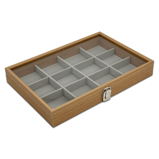 13 3/4" x 9 1/2" Natural Wood 12 Compartment Display Case with Glass Top