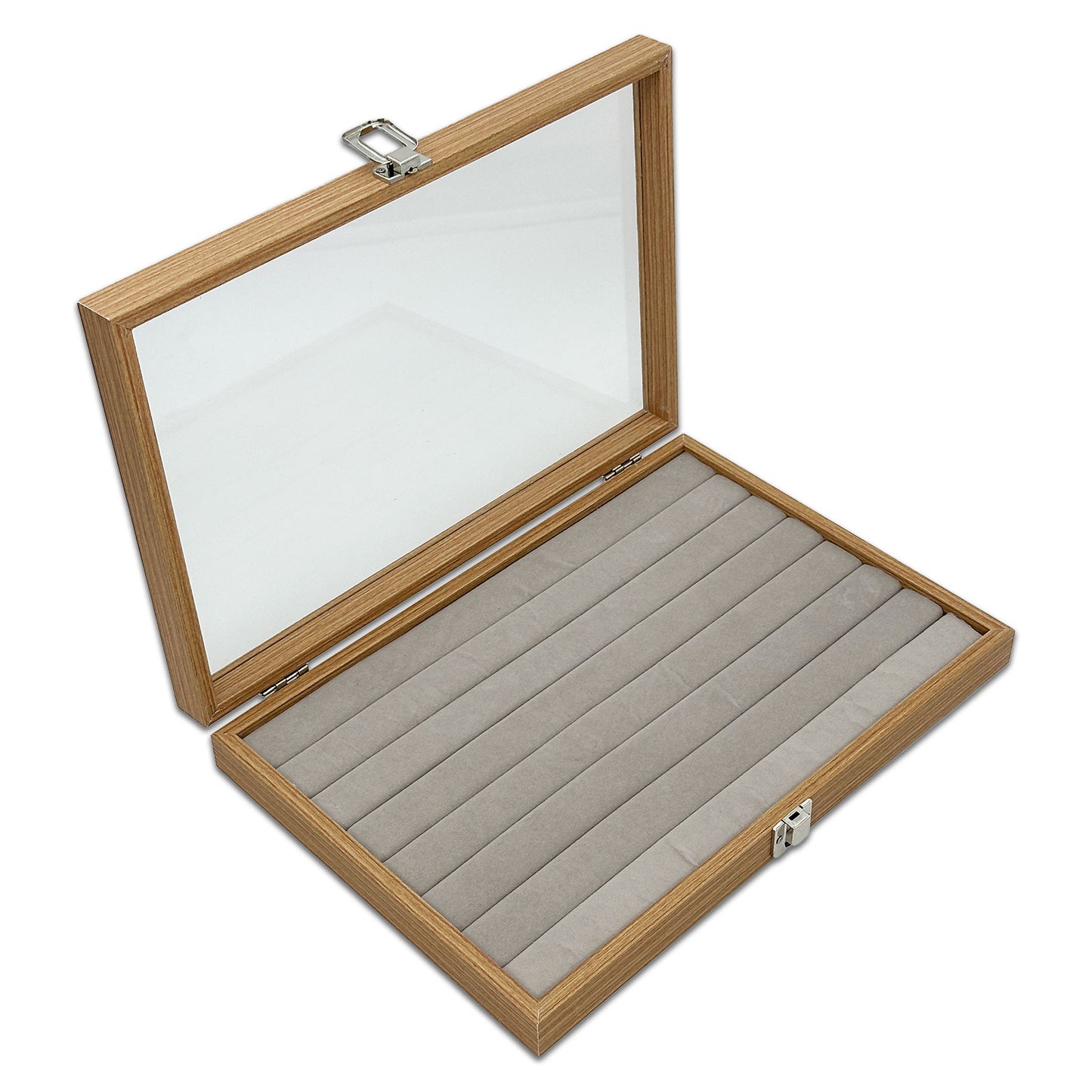 13 3/4" x 9 1/2" Natural Wood 7 Row Ring Display Case with Glass Top