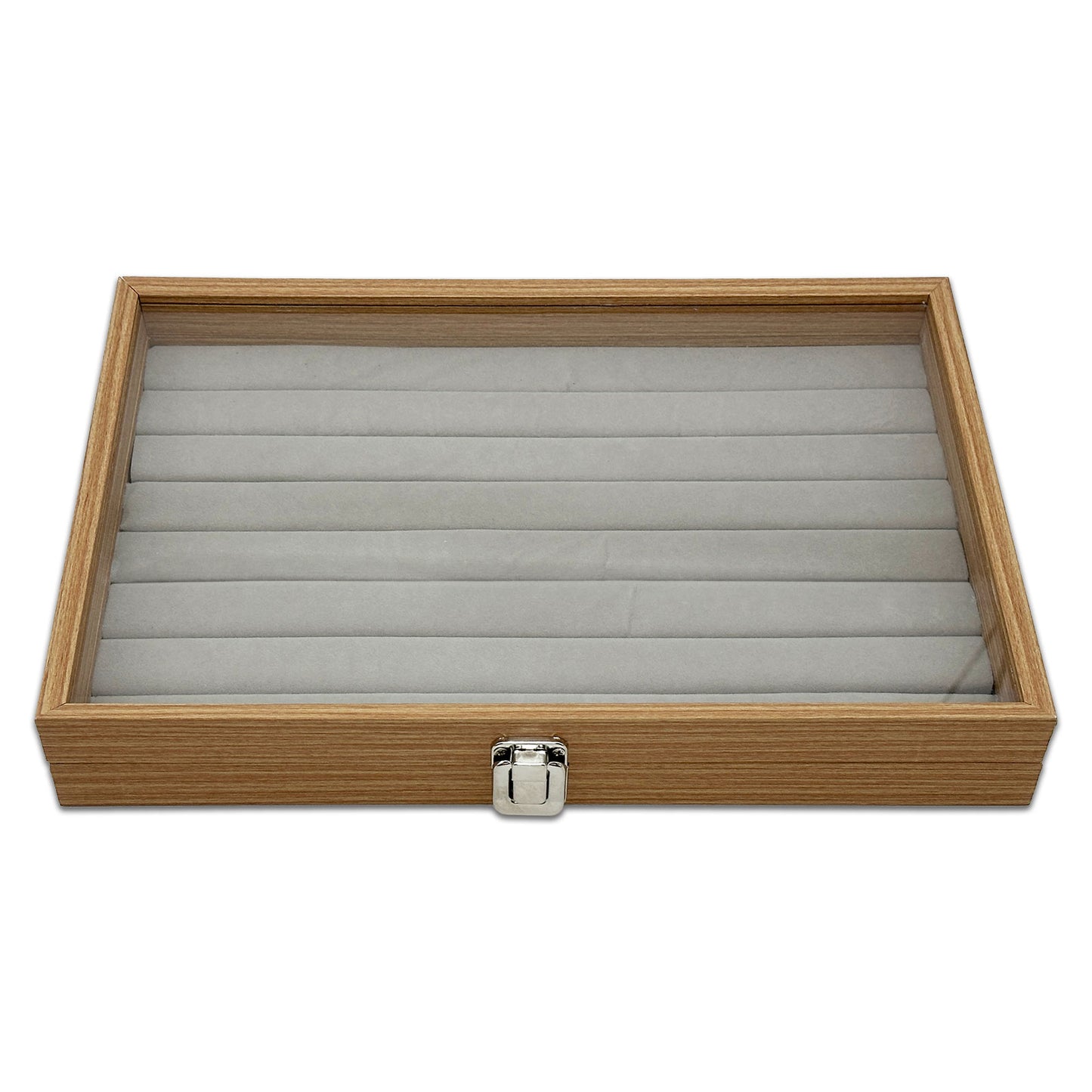 13 3/4" x 9 1/2" Natural Wood 7 Row Ring Display Case with Glass Top