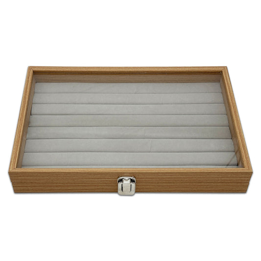 13 3/4" x 9 1/2" Natural Wood 7 Row Ring Display Case with Glass Top