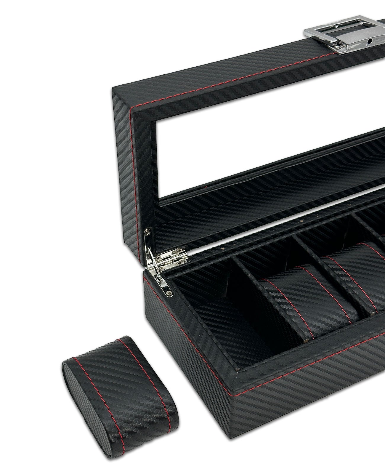 13" x 5" x 3 1/4" Black Carbon Fiber Leatherette Watch and Bracelet Display Case