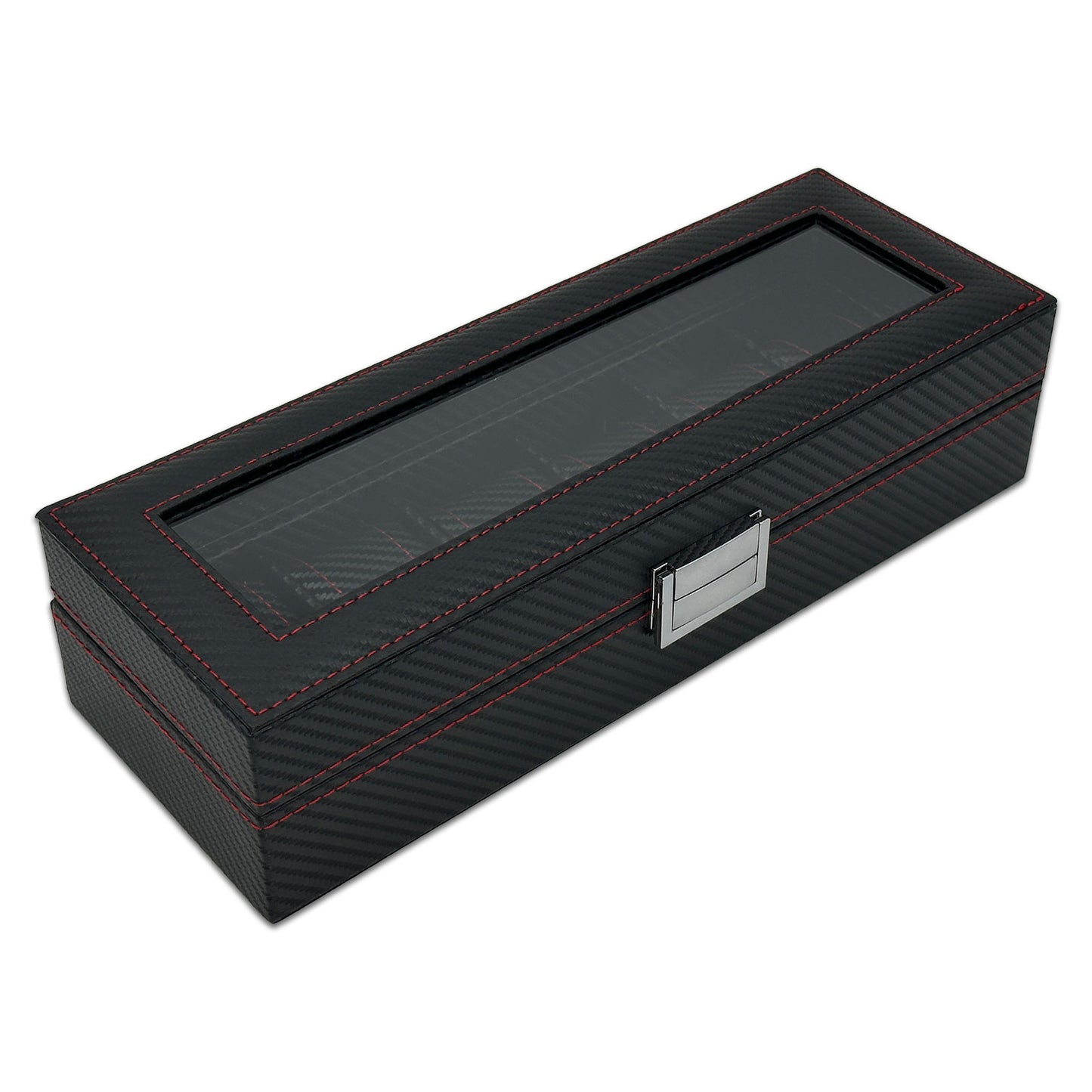 13" x 5" x 3 1/4" Black Carbon Fiber Leatherette Watch and Bracelet Display Case