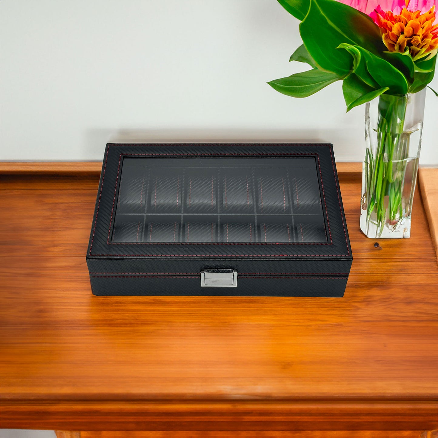 13" x 8 3/4" x 3 1/4" Black Carbon Fiber Leatherette Watch and Bracelet Display Case