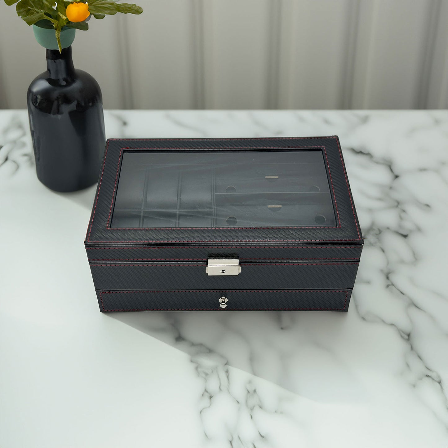 13" x 8 3/4" x 5 1/8" Black Carbon Fiber Leatherette Jewelry Display Case