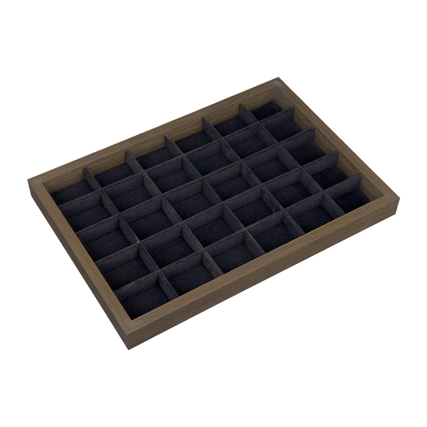 14" x 9 1/2" Dark Oak and Black Velvet 30 Compartment Jewelry Display Tray