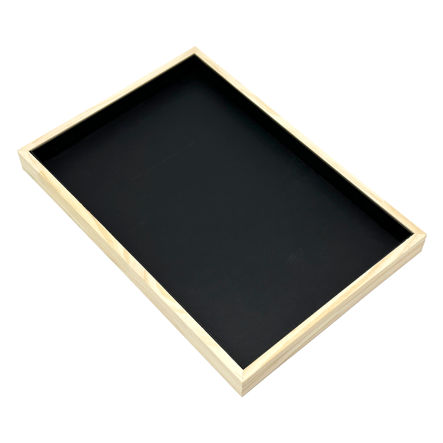 14" x 9 1/2" Pine Wood and Black Leatherette Jewelry Display Tray