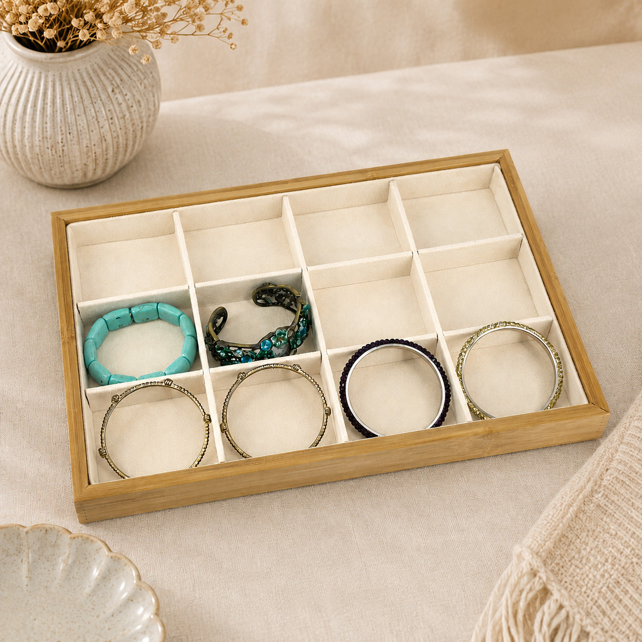 14" x 9 1/2" Wood and Suede 12 Compartment Jewelry Display Tray