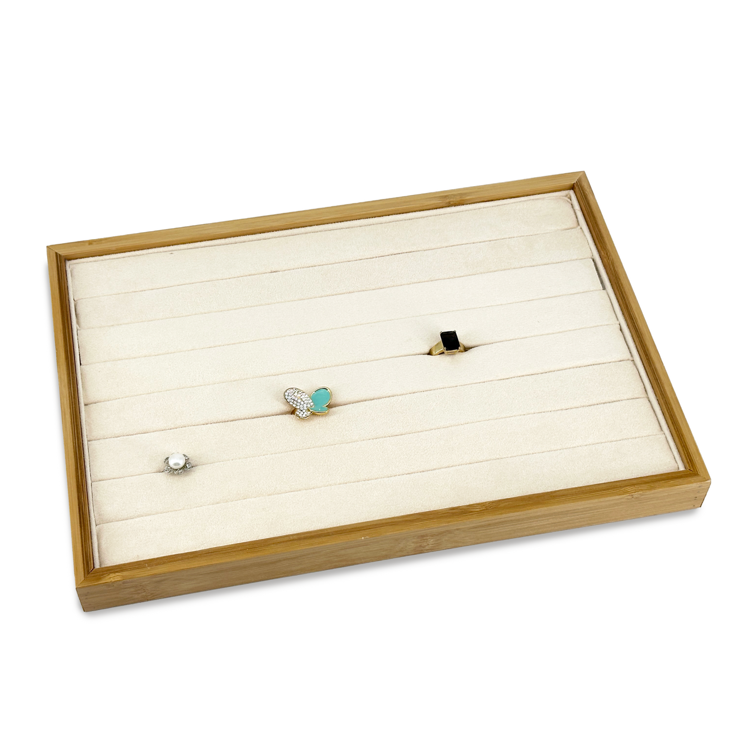14" x 9 1/2" Wood and Suede 8 Roll Ring Display Tray