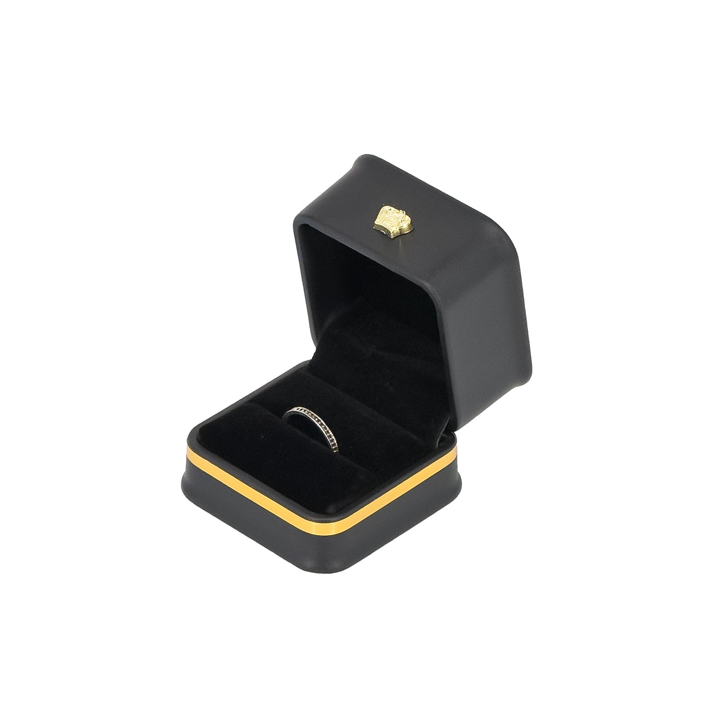 2 1/4" x 2 1/4" Black Leatherette Ring Box with Gold Crown and Trim