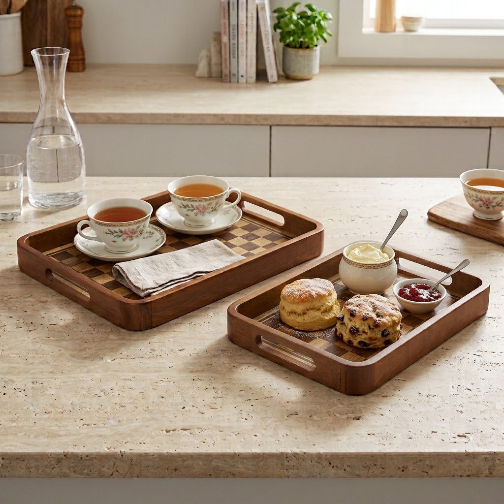 2-Piece Walnut Wood Serving Tray Set with Checkered Design