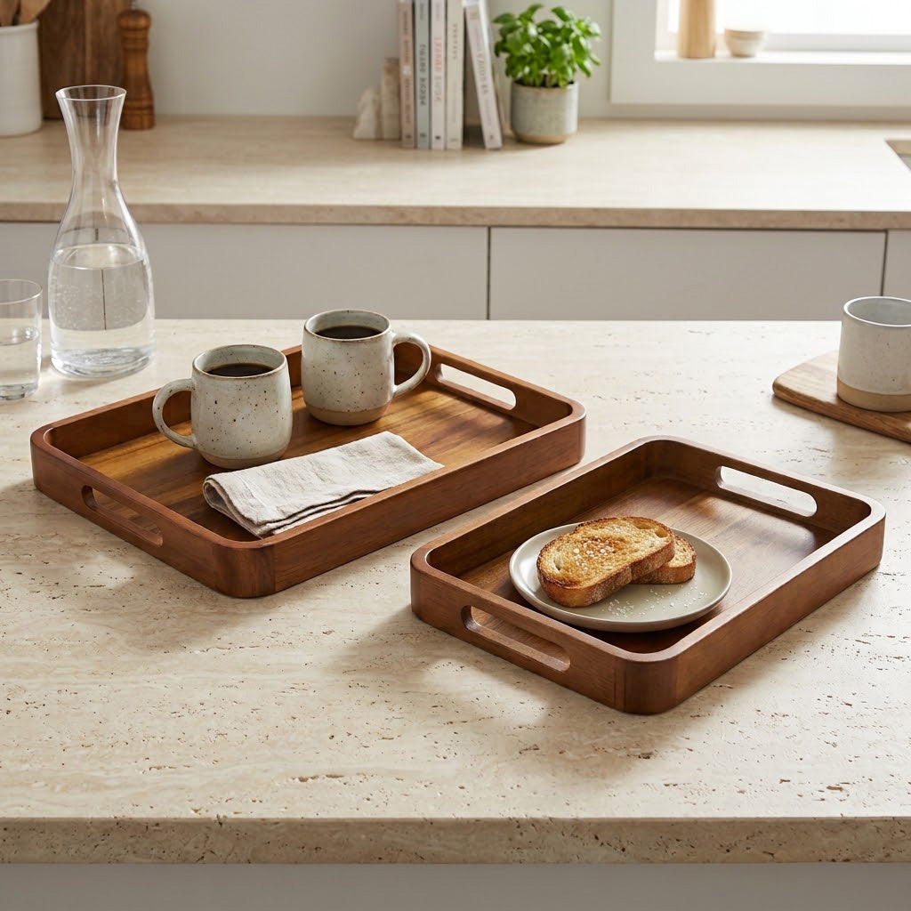 2-Piece Walnut Wood Serving Tray Set with Cut-Out Handles