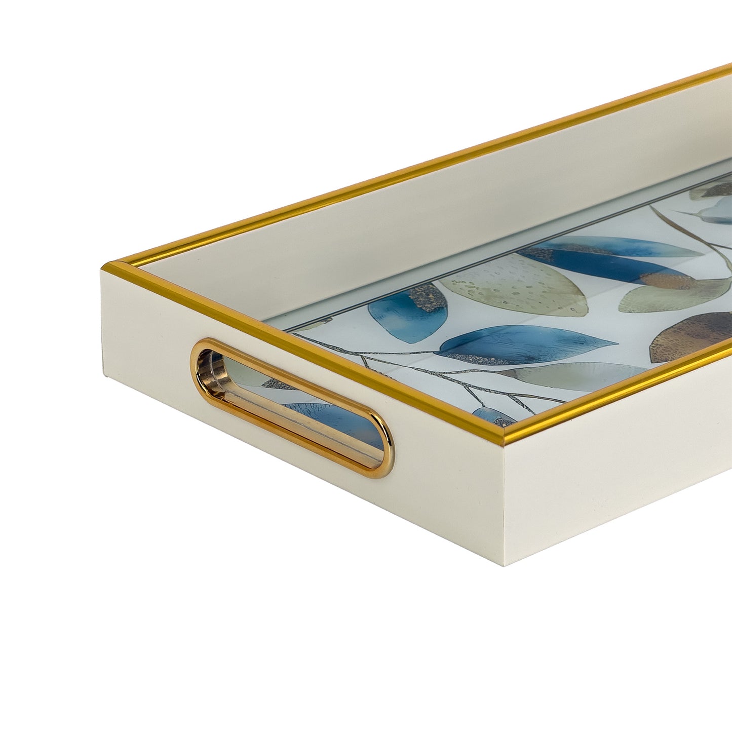 2-Piece White Serving Tray Set with Floral Glass Base and Gold Trim