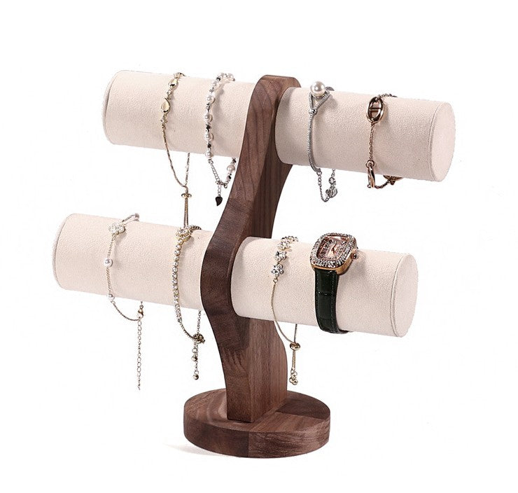 2 Tier Cream Microfiber Walnut Round Bar Bracelet Display