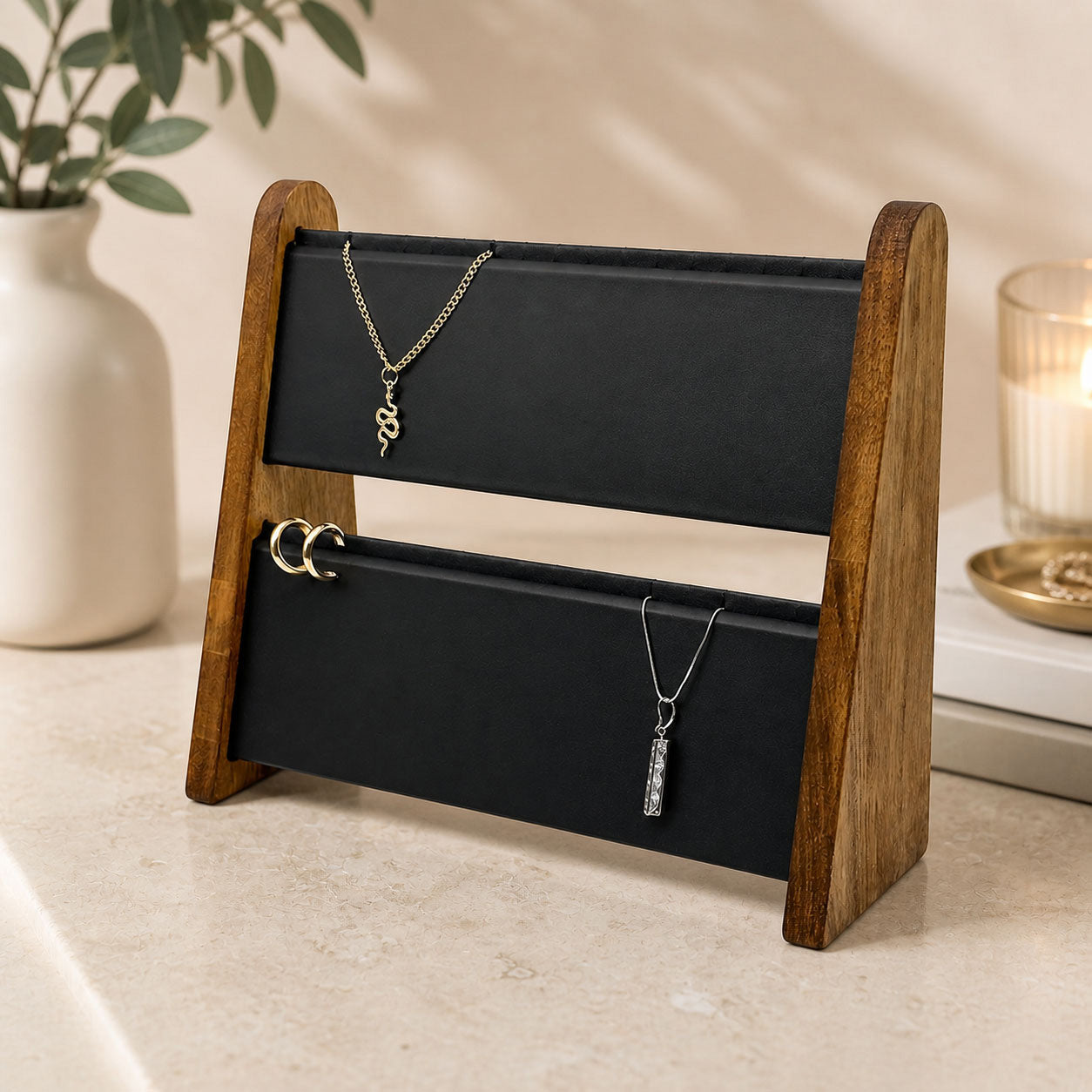 2 Tier Dark Oak Wood and Black Leatherette Necklace Jewelry Display