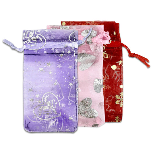 2" x 3 1/2" Mixed Metallic Print Organza Drawstring Pouch Pack