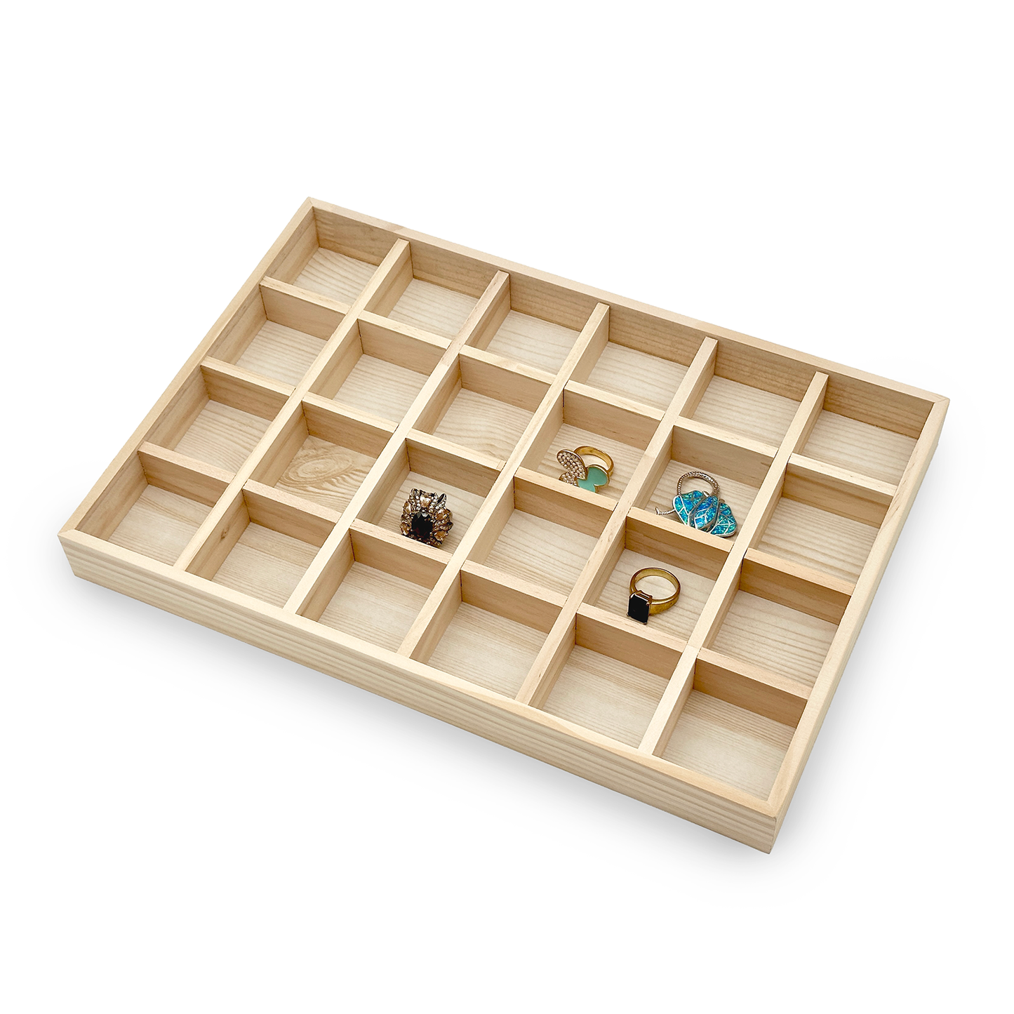24 Compartment Natural Wood Jewelry Display Tray
