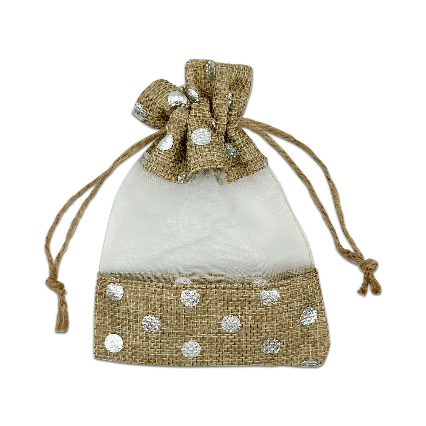 3 1/2" x 5 1/2" Beige with Silver Polka Dot Linen Burlap and Sheer Organza Gift Bag