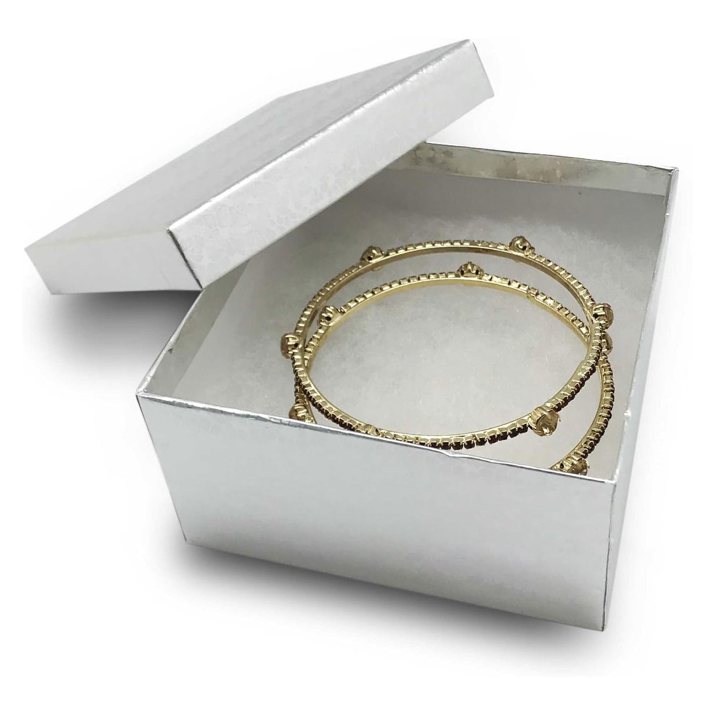 3 3/4" x 3 3/4" x 2" Silver Foil Cotton Filled Jewelry Boxes