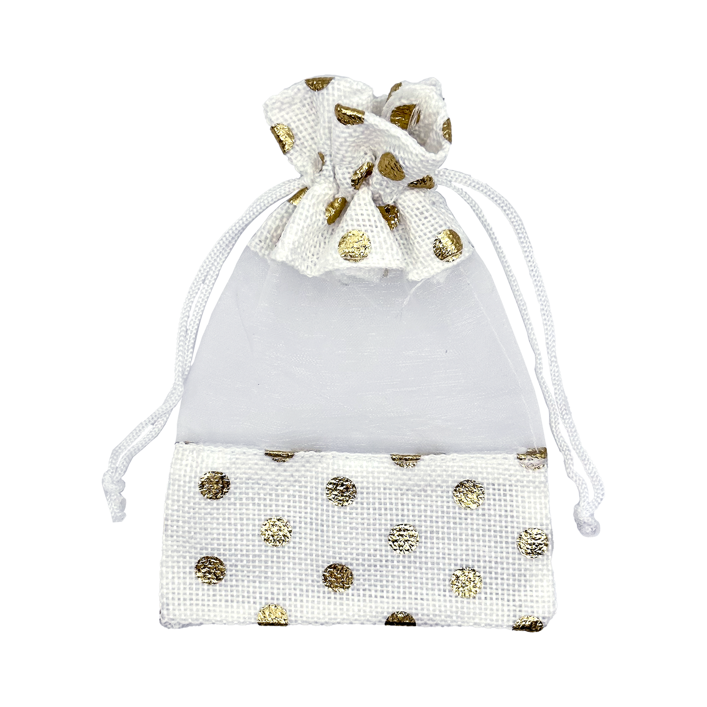 3 1/2" x 5 1/2" White with Gold Polka Dot Linen Burlap and Sheer Organza Gift Bag