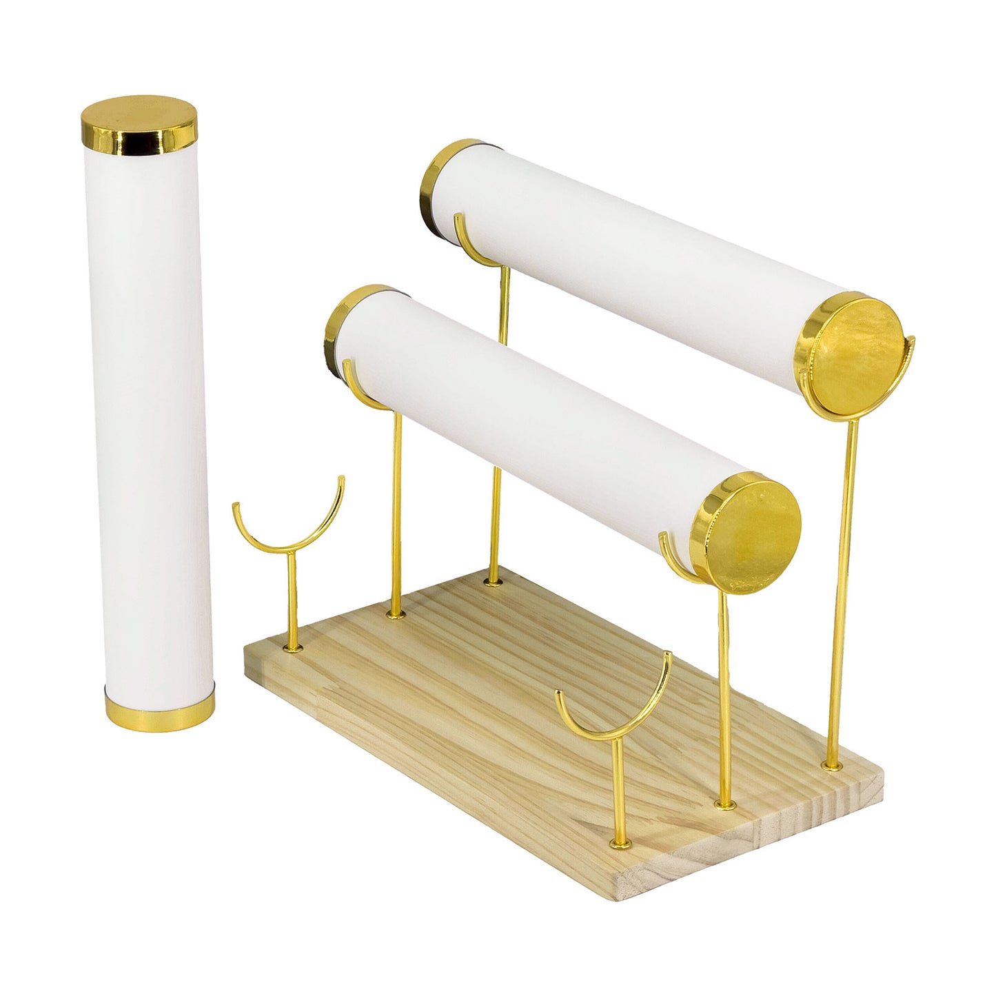 3 Tier Collapsible White Leatherette Gold Accent Round T-Bar Bracelet Display