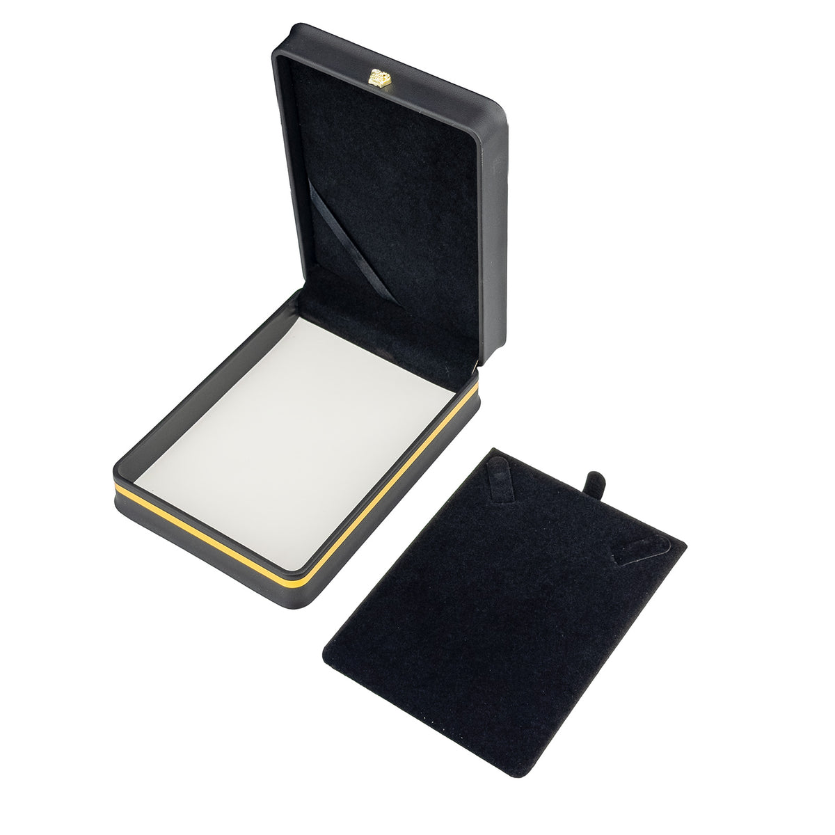 4 1/2" x 6 1/4" Black Leatherette Necklace Box with Gold Crown and Trim