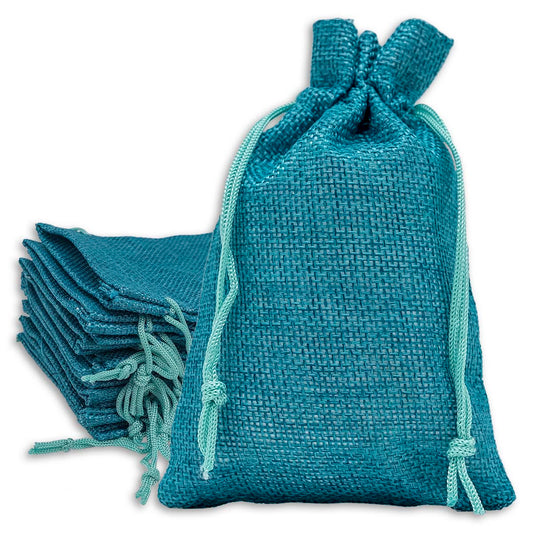 5 1/2" x 7 3/4" Teal Blue Linen Burlap Drawstring Gift Bags