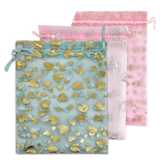 5 1/2" x 8 1/2" Mixed Metallic Print Organza Drawstring Pouch Pack