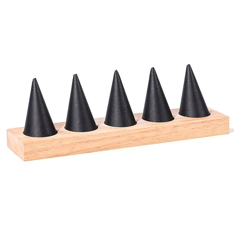 5 Finger Black Leatherette and Wood Ring Display