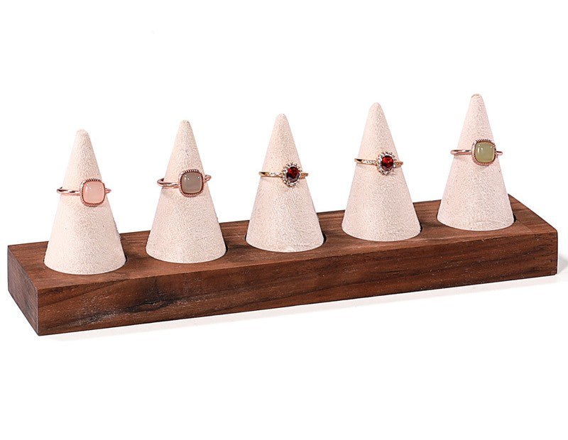 5 Finger Cream Microfiber Walnut Base Ring Display