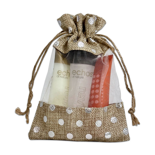 5" x 7" Beige with Silver Polka Dot Linen Burlap and Sheer Organza Gift Bag