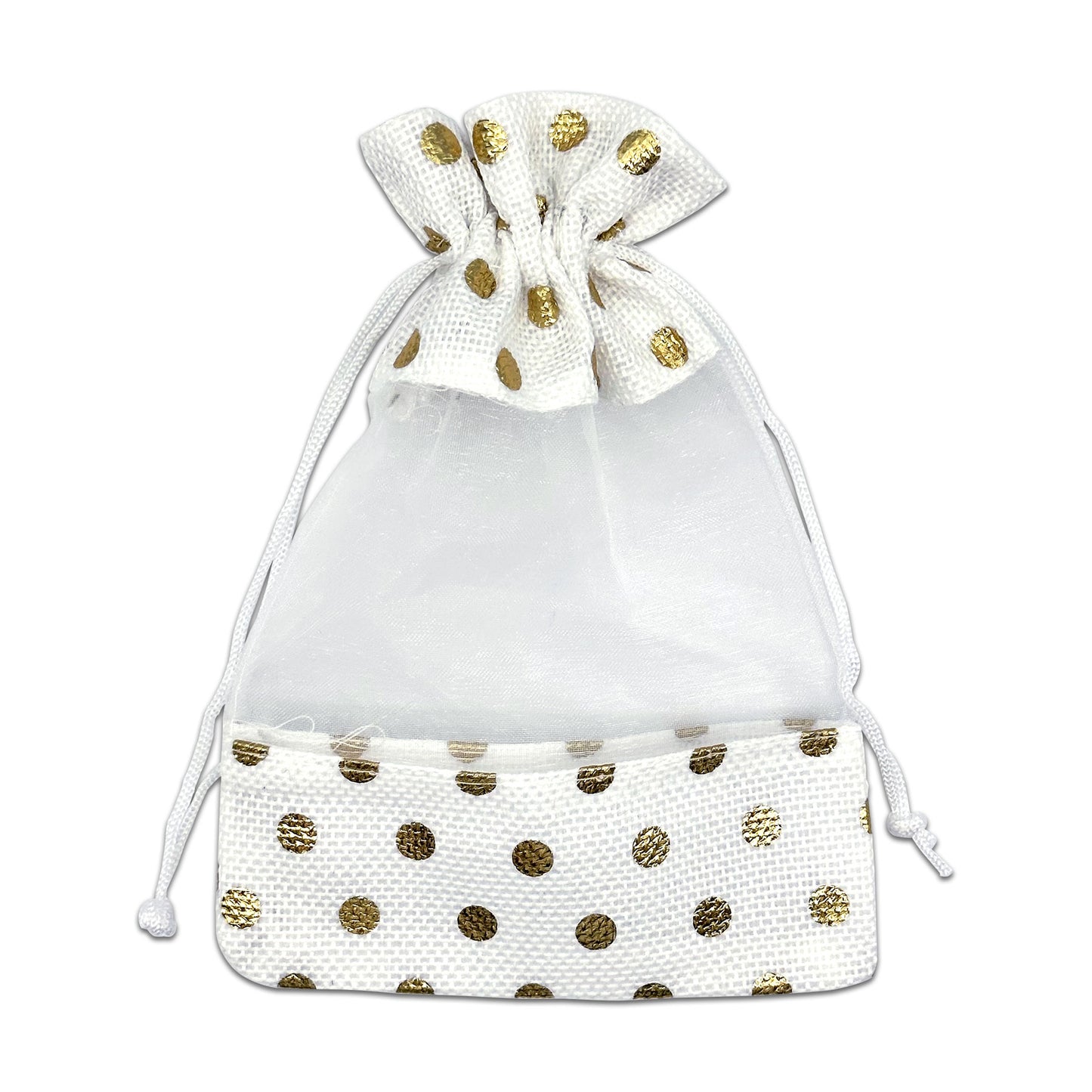 5" x 7" White with Gold Polka Dot Linen Burlap and Sheer Organza Gift Bag