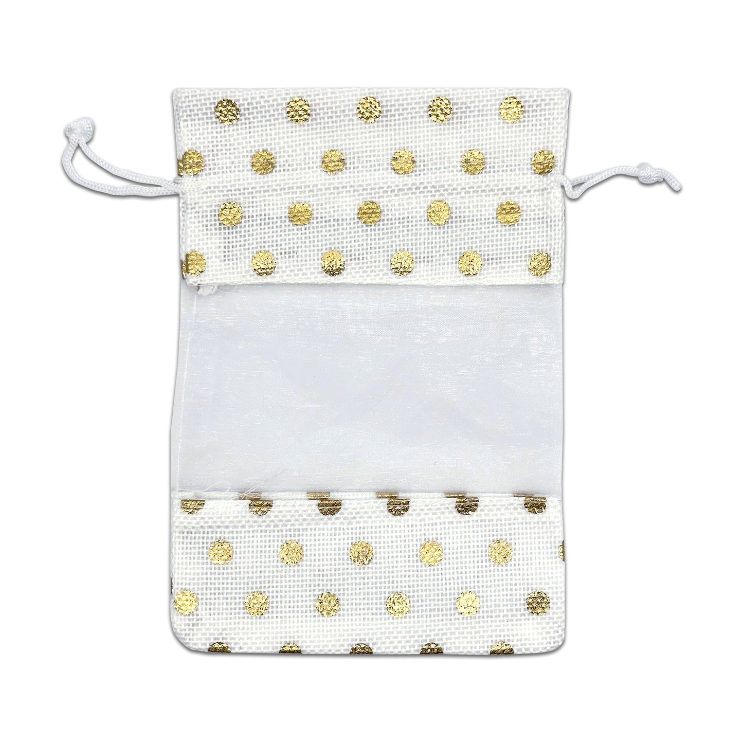 5" x 7" White with Gold Polka Dot Linen Burlap and Sheer Organza Gift Bag