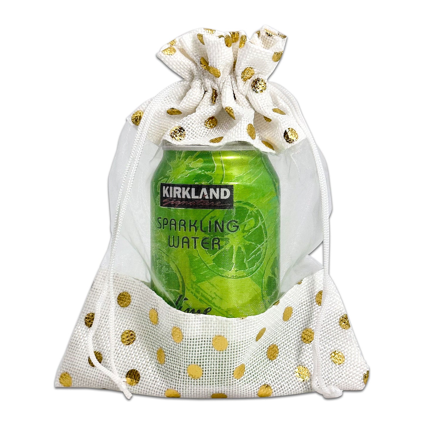 6 1/2" x 8 1/2" White with Gold Polka Dot Linen Burlap and Sheer Organza Gift Bag