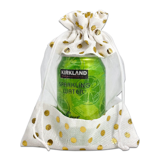 6 1/2" x 8 1/2" White with Gold Polka Dot Linen Burlap and Sheer Organza Gift Bag